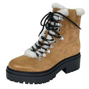 Marc Fisher Nalina Women Block Heel Fuzzy Combat Boots Size US 5M Natural Suede